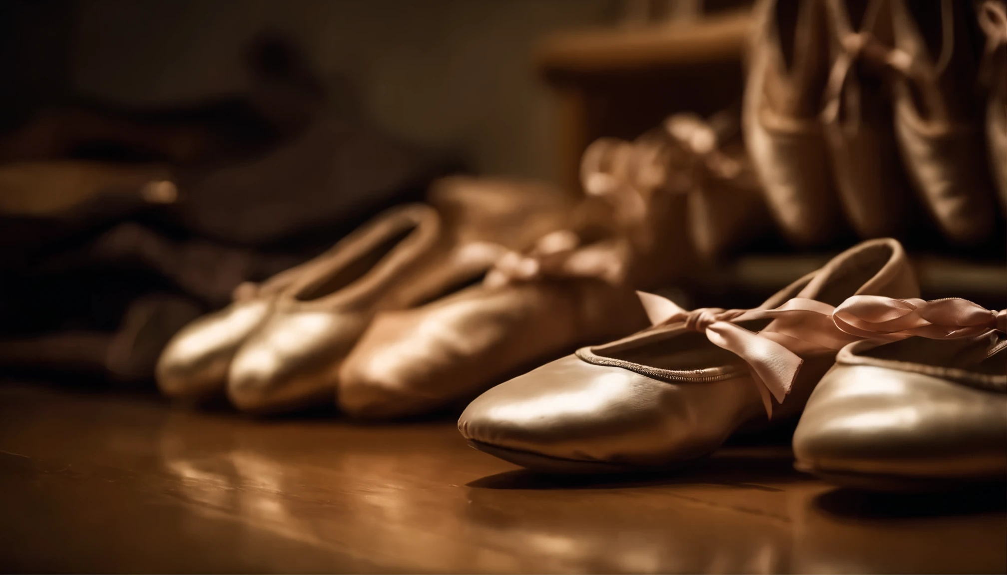 corner of dance dressing room，Many pairs of dance shoes piled together；ballet shoes；