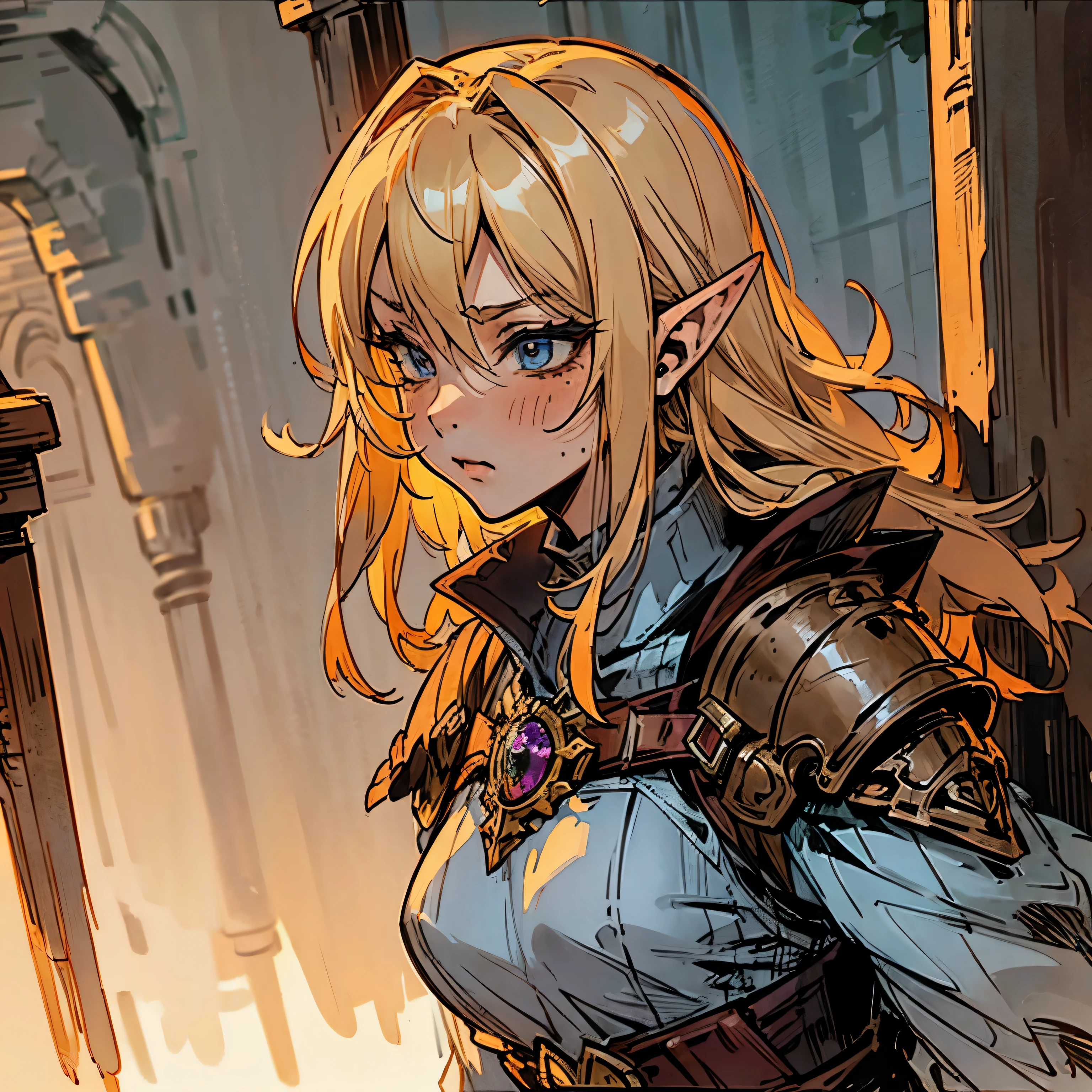Blond haired tsundere elf, Hunter, confident, assertive, genre: dark fantasy, adventurer [Close up, detailed, detailed face, detailed body] 