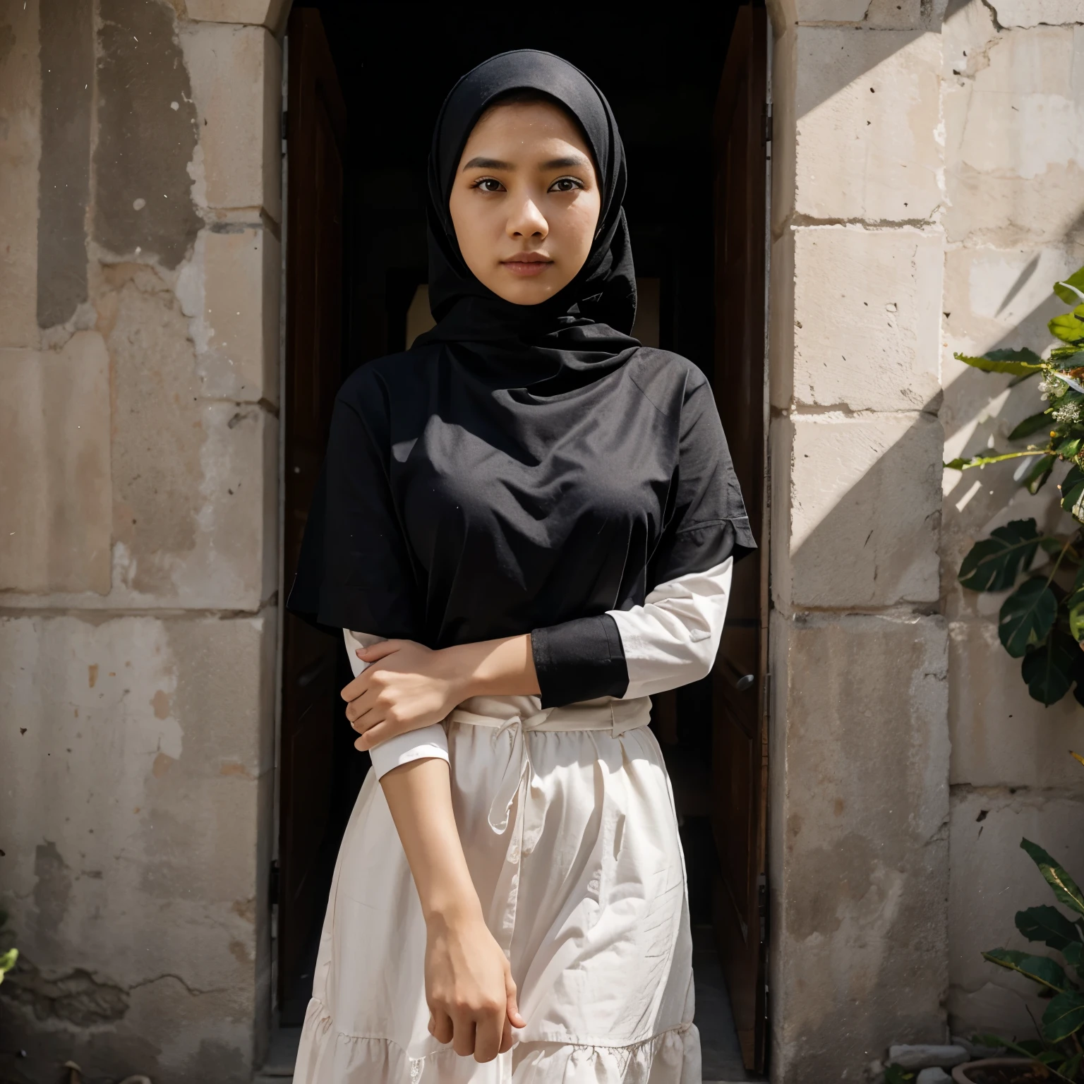 Seorang gadis indonesia berhijab, tidak memakai pakaian dalam, photo realistis, full hd, 4k