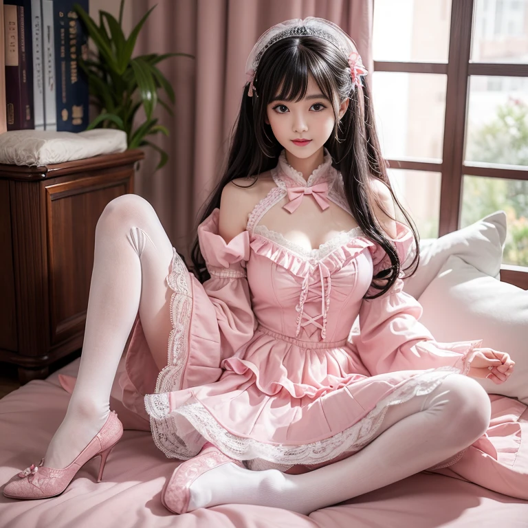 best quality, masterpiece, lifelike, 1 girl, alone, eternal, black hair, Long curly hair, blunt bangs, Smile, pink skirt, pink lolita dress, layered skirt, Lolita style long skirt,分層連衣裙 lace-trimmed 裙子, decorate, lace, long sleeve, puff sleeves, wide sleeves, Transparent sleeves, hair accessories, 在flower园里, flower, Detailed background,  delicate face，pink blush，White knee-length socks, Pink shoes，cold，Lots of lace，((​masterpiece))、(top quality)、8K、high detail、super detailed、 21 years old female，穿着pink lolita dress((dreamy atmosphere:1.1))、Seductive and whimsical style、​masterpiece、born、Scenes resembling fairy tale illustrations、Intricate details showcase the ruffles and intricate designs of the Lolita dress、beautifully、magic、capricious、 beautifully、Dream aesthetics、「𝓡𝓸𝓶𝓪𝓷𝓽𝓲𝓬、ethereal、charming、fickle、magic」、realism、Visual effects、FXAA、SSAO、shader、voiceless、environmental lighting、Tone mapping、High resolution、ultra high definition、megapixel、(8K resolution:1.10)、8K、Below 8K、8K resolution、high detail、intricate details、A look of surprise and awe on her face、 (high quality:1.2、​masterpiece:1.2、:1.21)、(21 years old female:1.21)、(興奮地Smile)、(Surrounded by the dreamy atmosphere of an amusement par色洛丽塔连衣裙、Her eyes were full of surprise and joy、I took a lot of geek photos、、High heel、Model diagram，full-body shot，Knee-high 白色的 lace socks,Sweet Lolita，Normal 2 feet，Pink shoes，Baotou shoes，full-body shot，baby star dress，have，Don't show your fingers，cold，Emphasize the volume of the skirt，exposed，Huge breasts，white underwear,The skirt flew up，Spread your legs，low cut，Expose panties