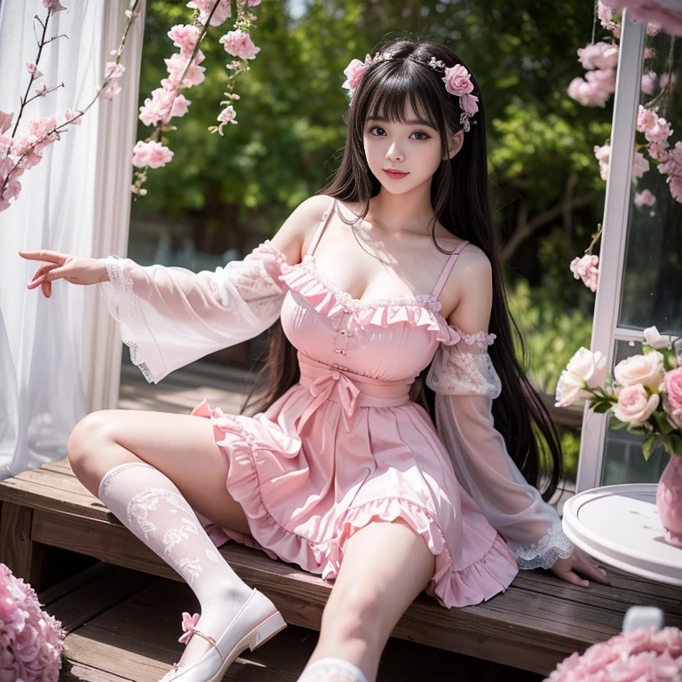 best quality, masterpiece, lifelike, 1 girl, alone, eternal, black hair, Long curly hair, blunt bangs, Smile, pink skirt, pink ta dress, layered skirt, Lolityle long skirt,分層連衣裙 lace-trimmed 裙子, decorate, lace, long sleeve, puff sleeves, wide sleeves, Transparent sleeves, hair accessories, 在flower园里, flower, Detailed background,  delicate face，pink blush，White knee-length socks, Pink shoes，cold，Lots of lace，((​masterpiece))、(top quality)、8K、high detail、super detailed、 21 years old female，穿着pink lolita d((dreamy atmosphere:1.1))、Seductive and whimsical style、​masterpiece、born、Scenes resembling fairy tale illustrations、Intricate details showcase the ruffles and intricate designs of the Lolita dressutifully、magic、capricious、 beautifully、Dream aesthetics、「𝓡𝓸𝓶𝓪𝓷𝓽𝓲𝓬、ethereal、charming、fickle、magic」、realism、Visual effects、FXAA、SSAO、shader、voiceless、environmental lighting、Tone mapping、High resolution、ultra high definition、megapixel、(8K resolution:1.10)、8K、Below 8K、8K resolution、high detail、intricate details、A look of surprise and awe on her face、 (high quality:1.2、​masterpiece:1.2、:1.21)、(21 years old female:1.21)、(興奮地Smile)、(Surrounded by the dreamy atmosphere of an amusement par色洛丽塔连衣裙、Her eyes were full of surprise and joy、I took a lot of geek photos、、High heel、Model diagram，full-body shot，Knee-high 白色的 lace socks,Sweet Lolita，Normal 2 ，Pink shoes，Baotou shoes，full-body shot，baby star dress，have，Don't show your fingers，cold，Emphasize the volume of the skirt，exposed，Huge breasts，white underwear,The skirt flew up，Spread your legs，low cut，Expose panties