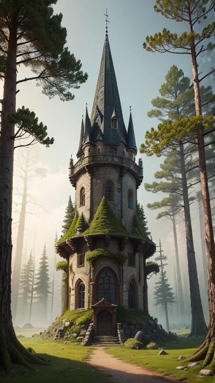 A medieval tower made of mossy stones on the edge of a forest surrounded by spreading oaks and spruces; high quality textures, ultra-realistic environment, many small details, Intricate details