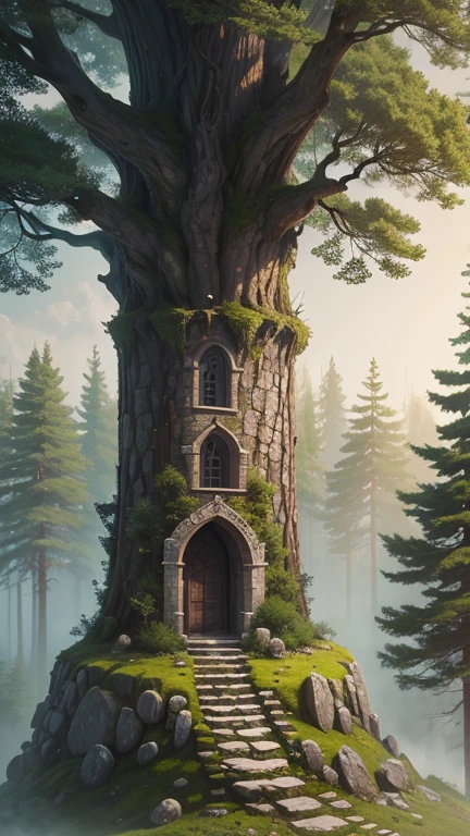 A medieval tower made of mossy stones on the edge of a forest surrounded by spreading oaks and spruces; high quality textures, ultra-realistic environment, many small details, Intricate details
