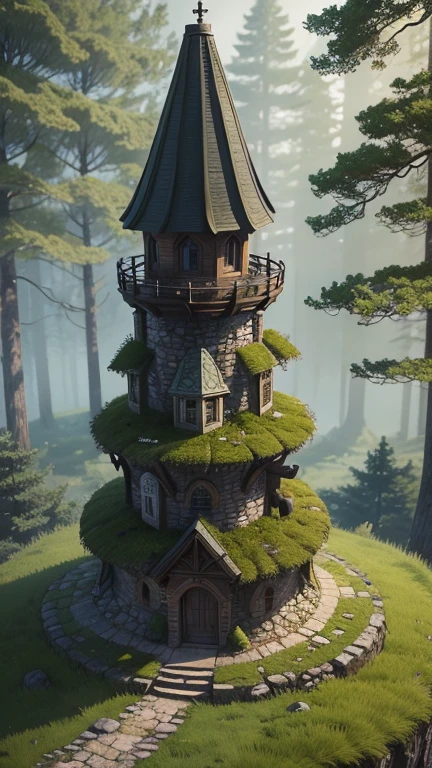 A medieval tower made of mossy stones on the edge of a forest surrounded by spreading oaks and spruces; high quality textures, ultra-realistic environment, many small details, Intricate details