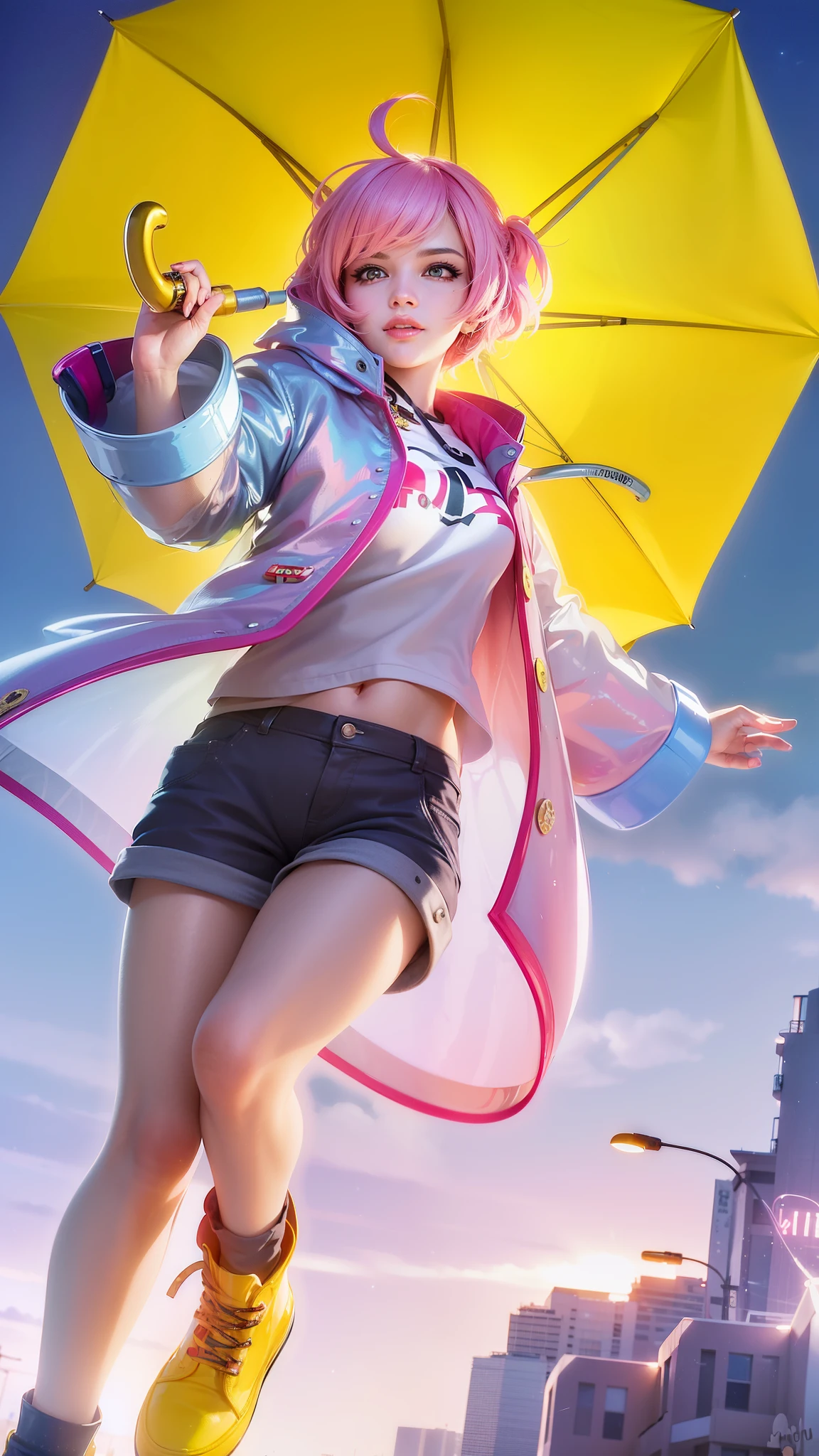 girl with pink hair holding a umbrella, red lips glossy, 8k, ultra hd, ultra detailed texture, hyper realistic, masterpiece, detailed texture, detailed face, detailed skin, detailed lighting, (photorealistic:1.5), best quality, beautiful lighting, cinematic lighting, professional lighting, ultra highres, realistic, detailed hair, real hair, high quality, (realskin:1.5), extremely detailed, finely detail, ultra-detailed, smile, pink eyes.
