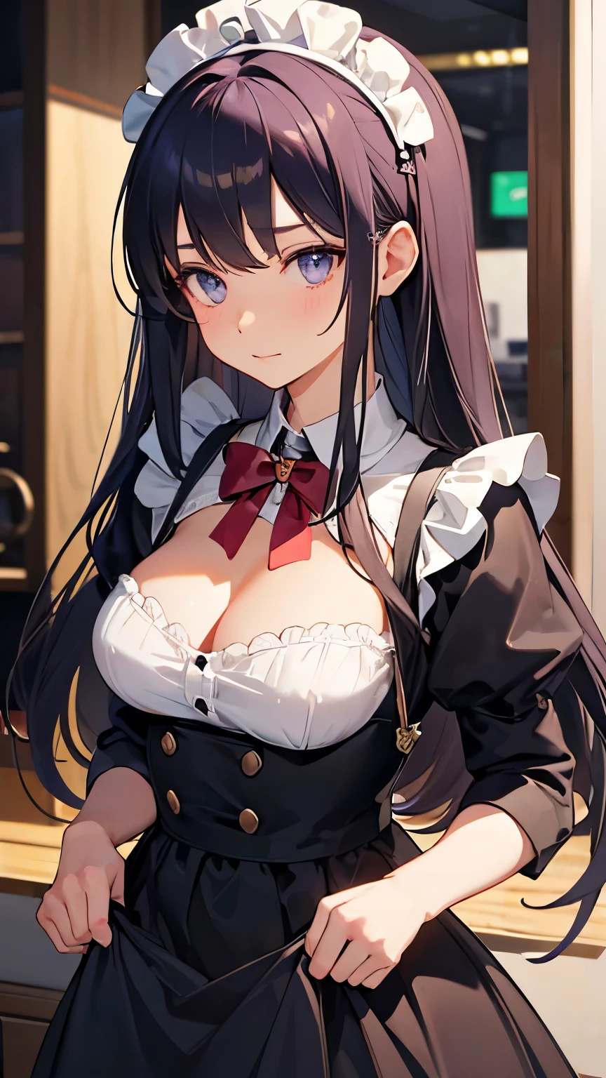 A maid girl with long purple hair. Her cheeks are red and she looks at me shyly. emphasized chest. Her thick hair flows as she waits on customers. A maid costume with frills. She serves at the royal court.
