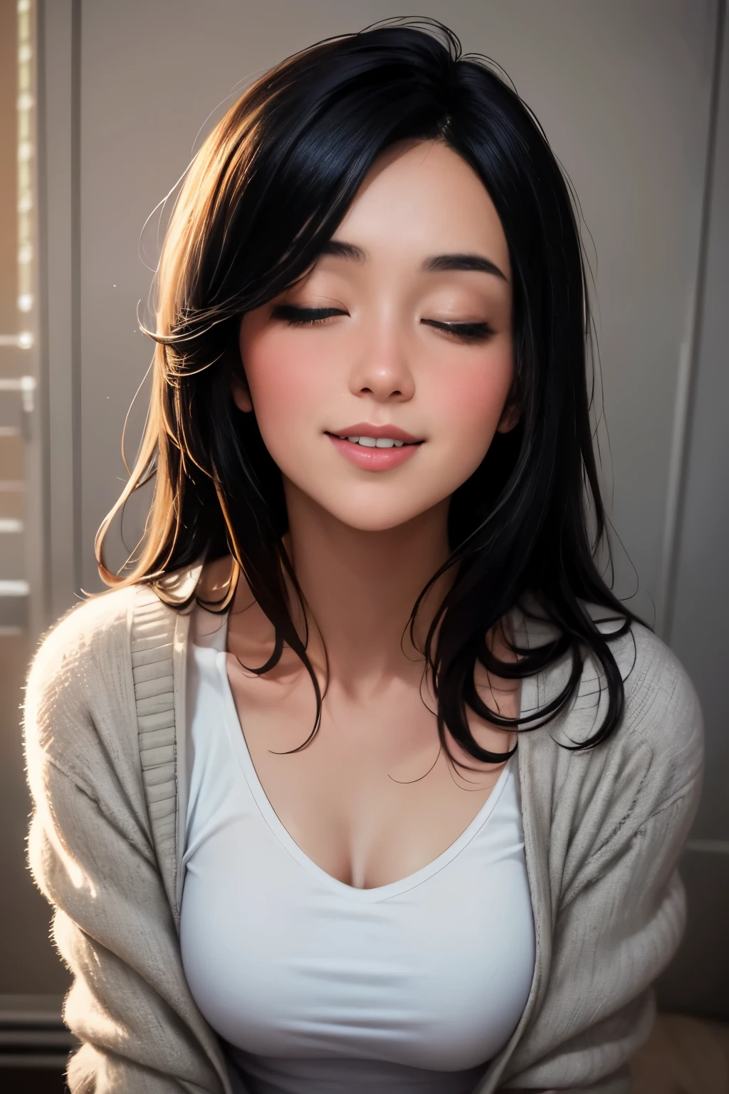 Amazing portrait of a sexy woman wearing her long straight luscious black hair, seductively gazing and smiling, soft lips, parted, blushing intensely, smiling, white t shirt, grey cardigan, baggy jeans, medium chest, perfect body