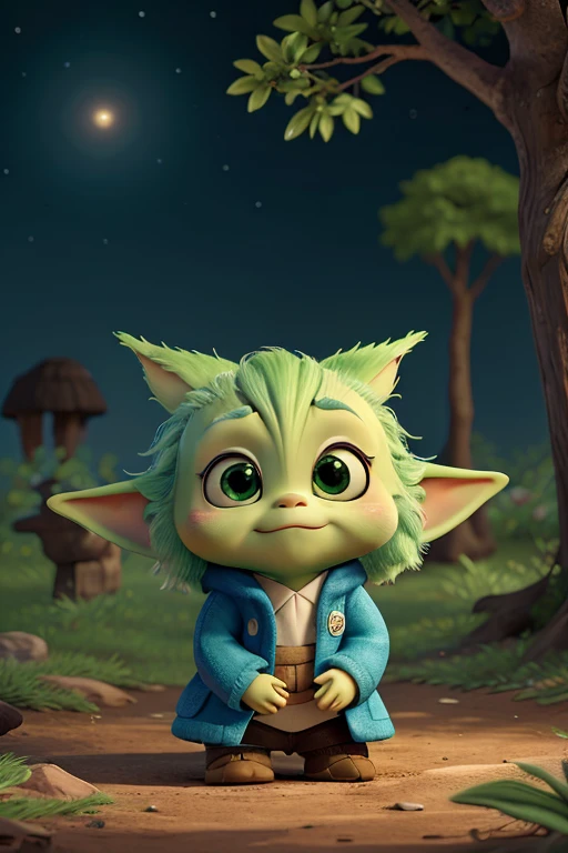 Describe an adorable 3D cartoon of Baby Yoda, in high resolution and with a lot of detail, parado em meio a uma misteriosa floresta. The digital art is so stunning that every little green hair shines with perfection. Com os olhos grandes e expressivos, Baby Yoda enchants viewers with his irresistible charm. Behind him, the tall, majestic trees in the forest seem to come to life, thanks to the realism of the image. In the night sky, estrelas brilham intensamente, enquanto a Lua ilumina o