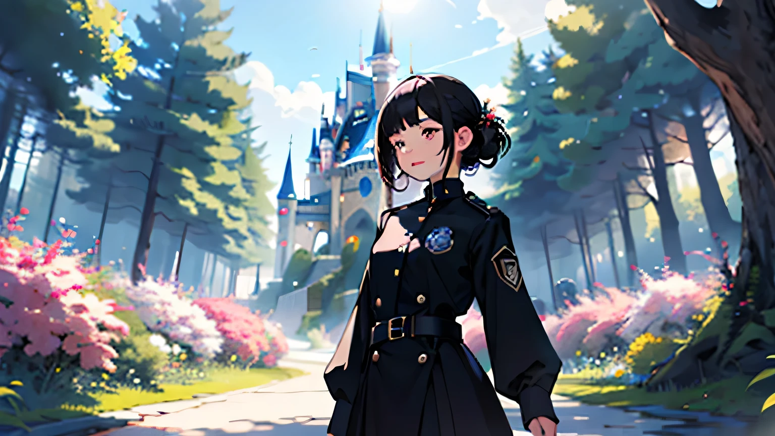 a girl with black hair lost in a magical fairyland on a sunny colorful day wearing black uniform
