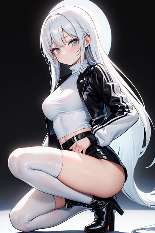  slim woman，长white色的头发, wearing a white turtleneck sweater and a Black leather jacket on top, mini skirt (Black), white, and high-heeled Black boots. 