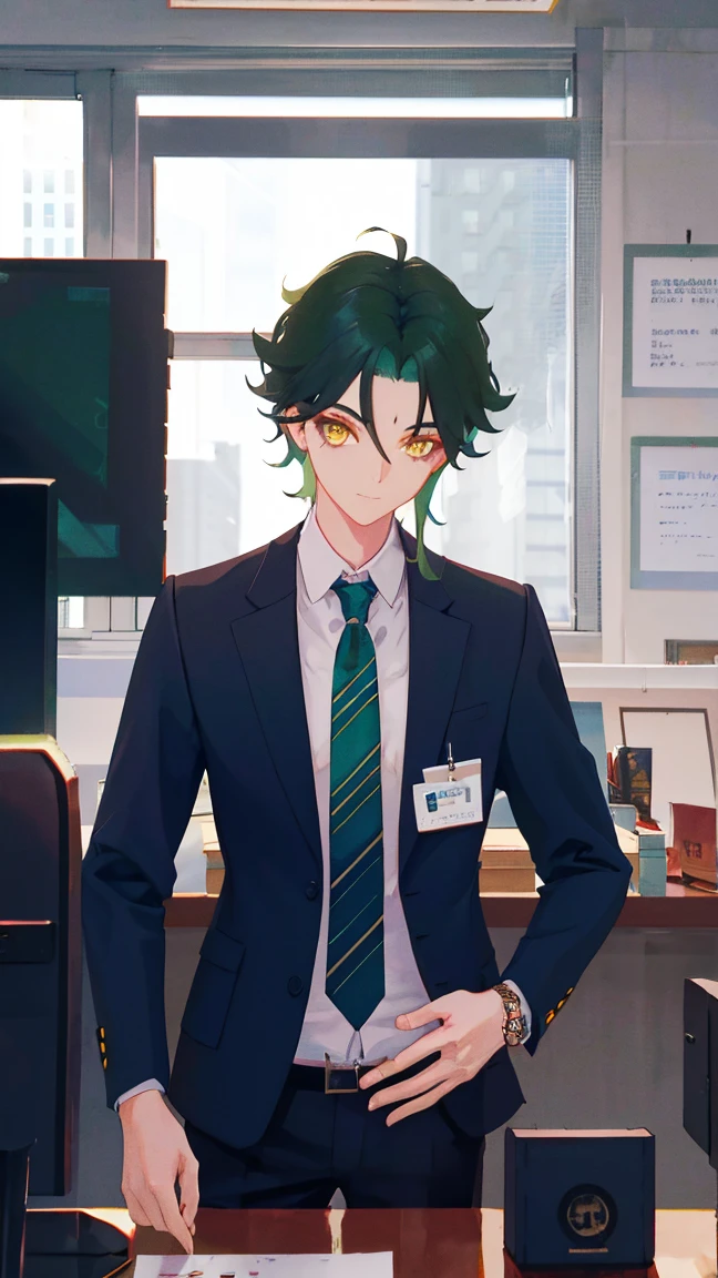 1 boy,dark green hair,highest quality,masterpiece,excessive,male focus,yellow eyes,beautiful eyes,beautiful boy,company,office worker,suit figure,best image quality,cutter shirt,