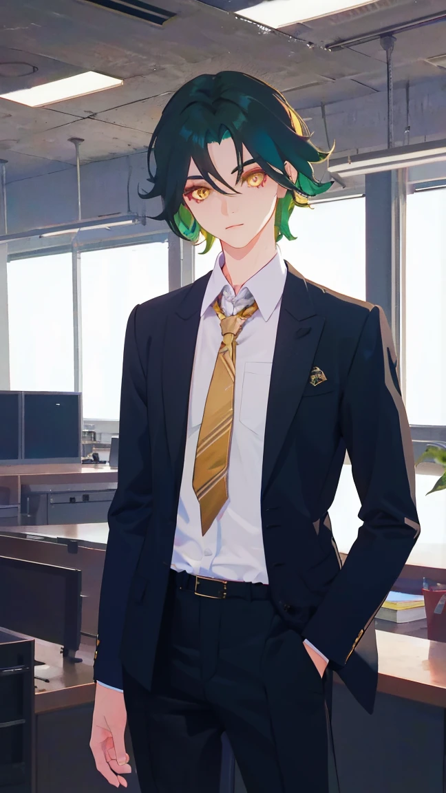 1 boy,dark green hair,highest quality,masterpiece,excessive,male focus,yellow eyes,beautiful eyes,beautiful boy,company,office worker,suit figure,best image quality,cutter shirt,