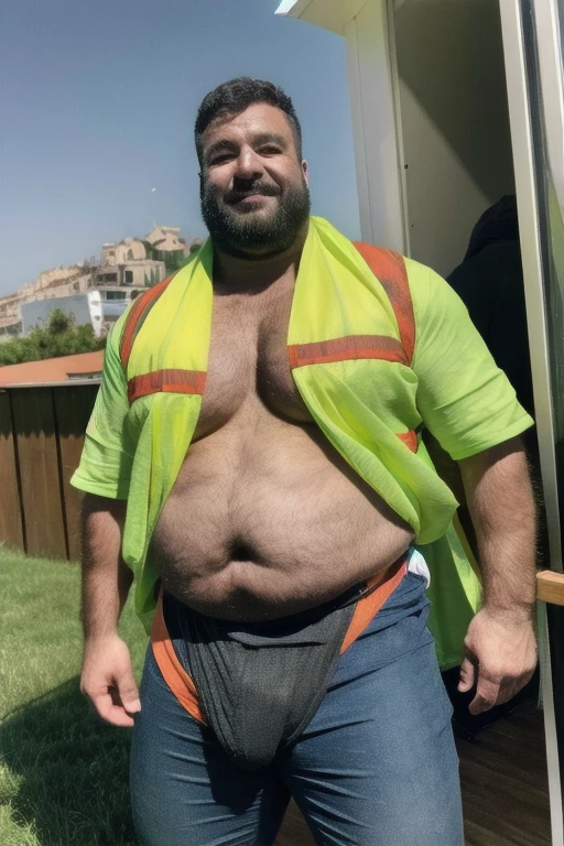 chubby big daddy extremely thick thighs large belly, vestindo uma regata branca, Turkish construction worker male daddy, ele veste apena uma sunga vermelha ou amarela ou verde ou branca