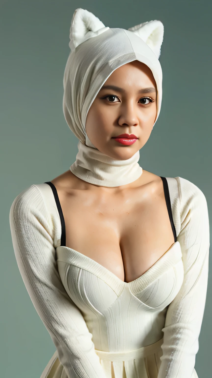 A woman with ((red hijab)), Realistic, Photorealistic, 8K, Masterpiece, Best Quality, High Definition, Live Action, RAW Photo, Single Woman, Beautiful Body,Cleavage, Sexy, red Competitive Swimsuit, ((no hair exposed))