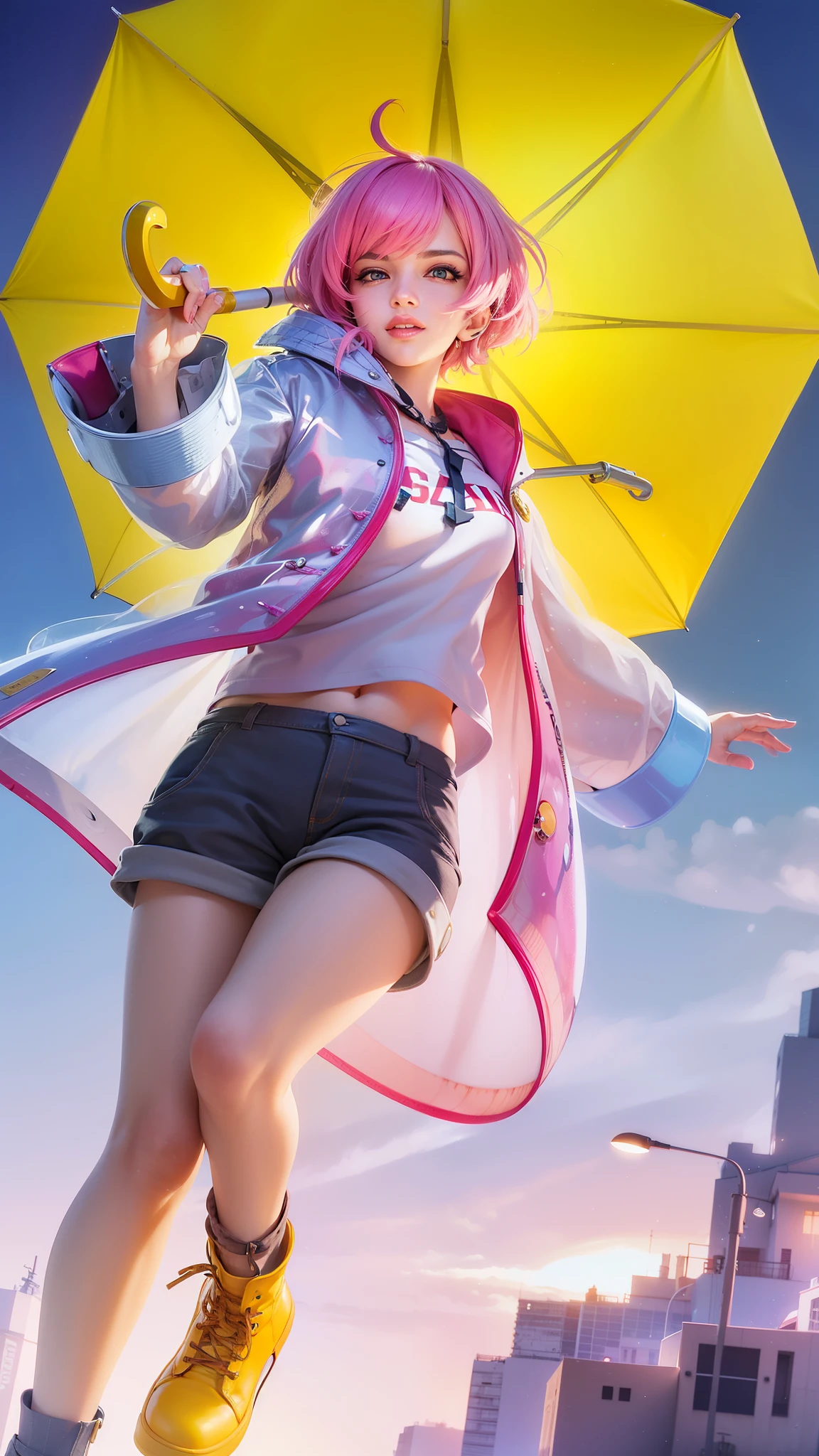 girl with pink hair holding a umbrella, red lips glossy, 8k, ultra hd, ultra detailed texture, hyper realistic, masterpiece, detailed texture, detailed face, detailed skin, detailed lighting, (photorealistic:1.5), best quality, beautiful lighting, cinematic lighting, professional lighting, ultra highres, realistic, detailed hair, real hair, high quality, (realskin:1.5), extremely detailed, finely detail, ultra-detailed, smile, pink eyes.