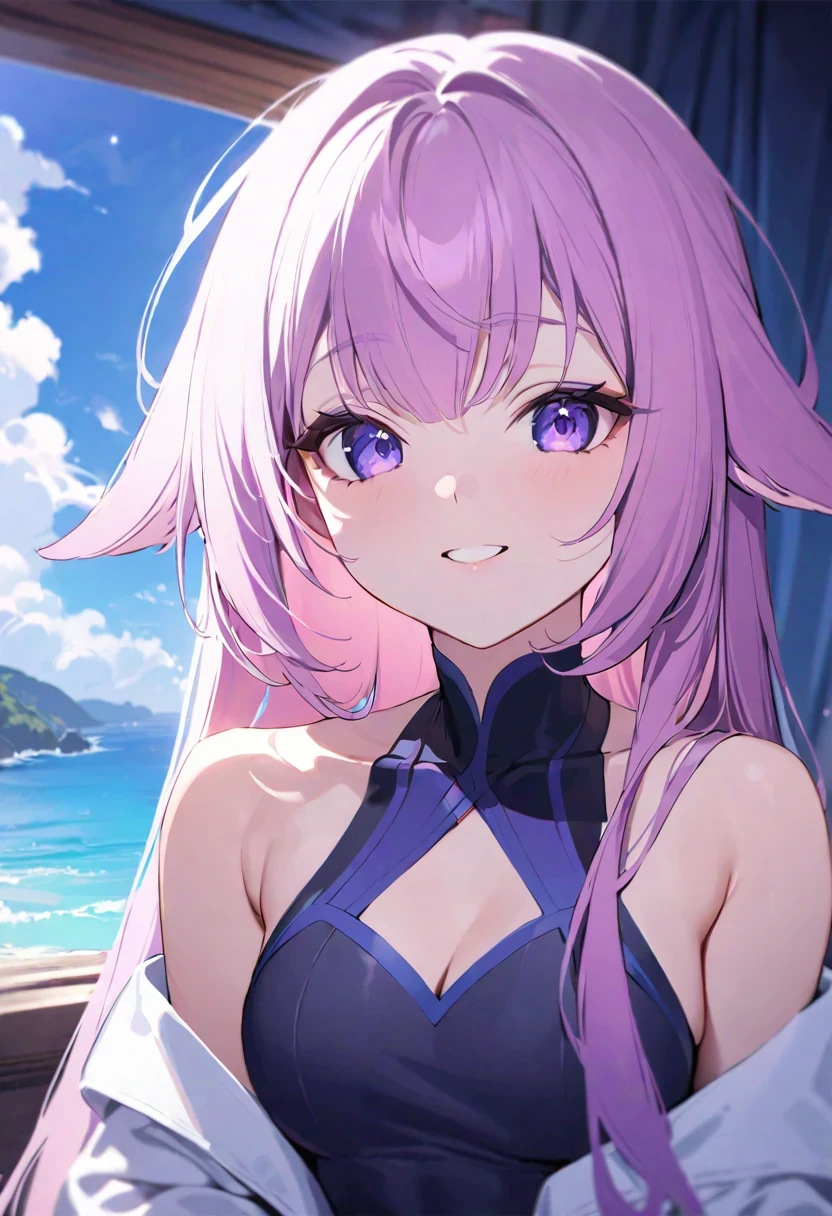 (((shylily))), (Surreal), (illustration), (High resolution), (8K), (Very detailed), (Best illustration), (Beautiful and detailed Eyes), (best quality), (Ultra detailed), (masterpiece), (wallpaper), (detailed Face), facial pores,alone,a girl,, Fine detail, detailed Face, (detail),(Realistic lighting: 1.1),À la Fed picture of long-haired woman smiling at photo,