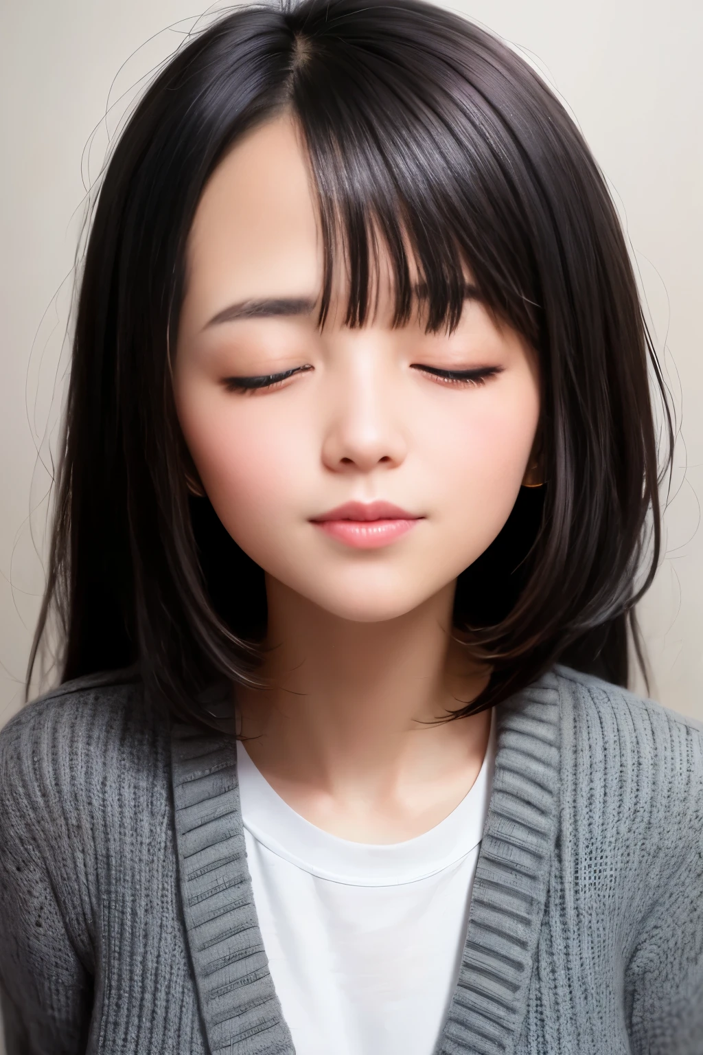 Amazing portrait of a sexy woman wearing her long straight luscious black hair, seductively gazing and smiling, soft lips, parted, blushing intensely, smiling, white t shirt, grey cardigan, baggy jeans, medium chest, perfect body