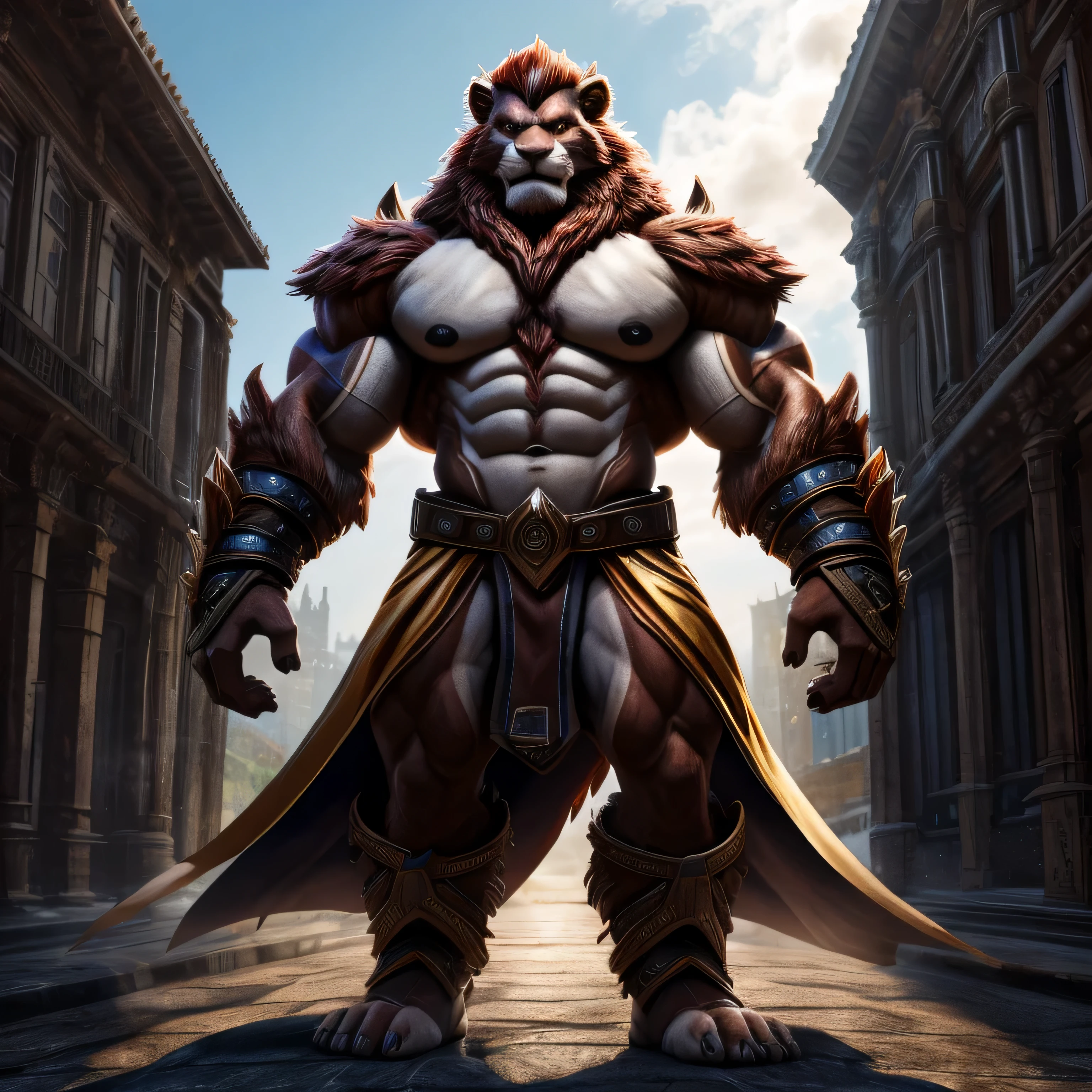 (Melhor qualidade,4K,8k,high resolution,obra de arte:1.2),ultra-detalhado,(realista,Sobre Fotoreal,photo-realista:1.37), HA Uma imagem realista de Lion-o dos thundercats, super gigante musculoso, with muscular arms, olhos azuis, uma cauda, super peludo de pelo marrom, com as veias saltando, barefoot, em seu castelo, visto de frente, ombros largos, giant toned physique, roupas apertadas rasgando, sombras, dynamic lighting, cores vibrantes, ambiente urbano, fundo de chuva, pele molhada e brilhante, vapor subindo do corpo, Postura poderosa, imposing presence, veias musculares estourando