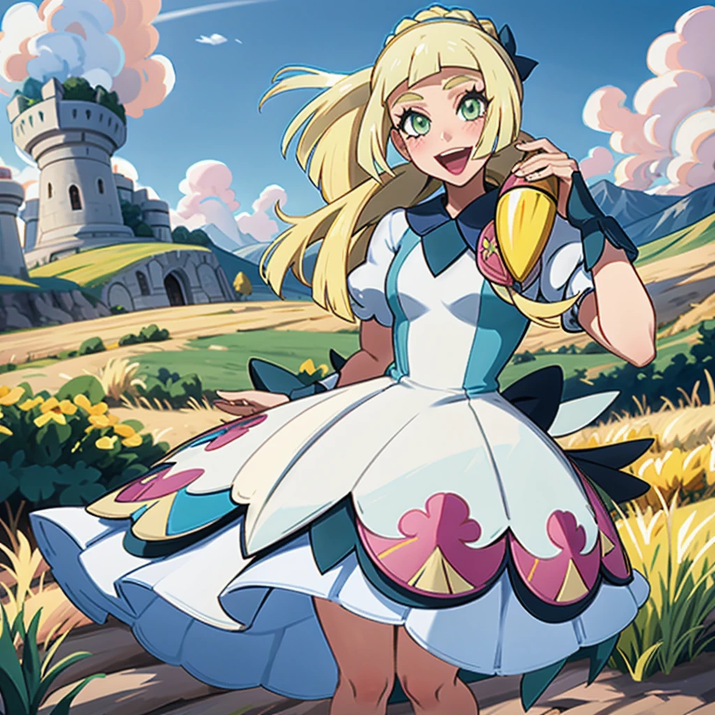 One Girl,a blond,poneyTail,lillie,Green eyes,Guts Pose,nimbly,Beautiful steppe,Ganbari Lilie,pokemon,White dress,Raising,verd s eyes,,Smile with open mouth,Beautiful steppe,blushed face,closing eye,huge smile,Top image quality,Masterpiece,Best Quality