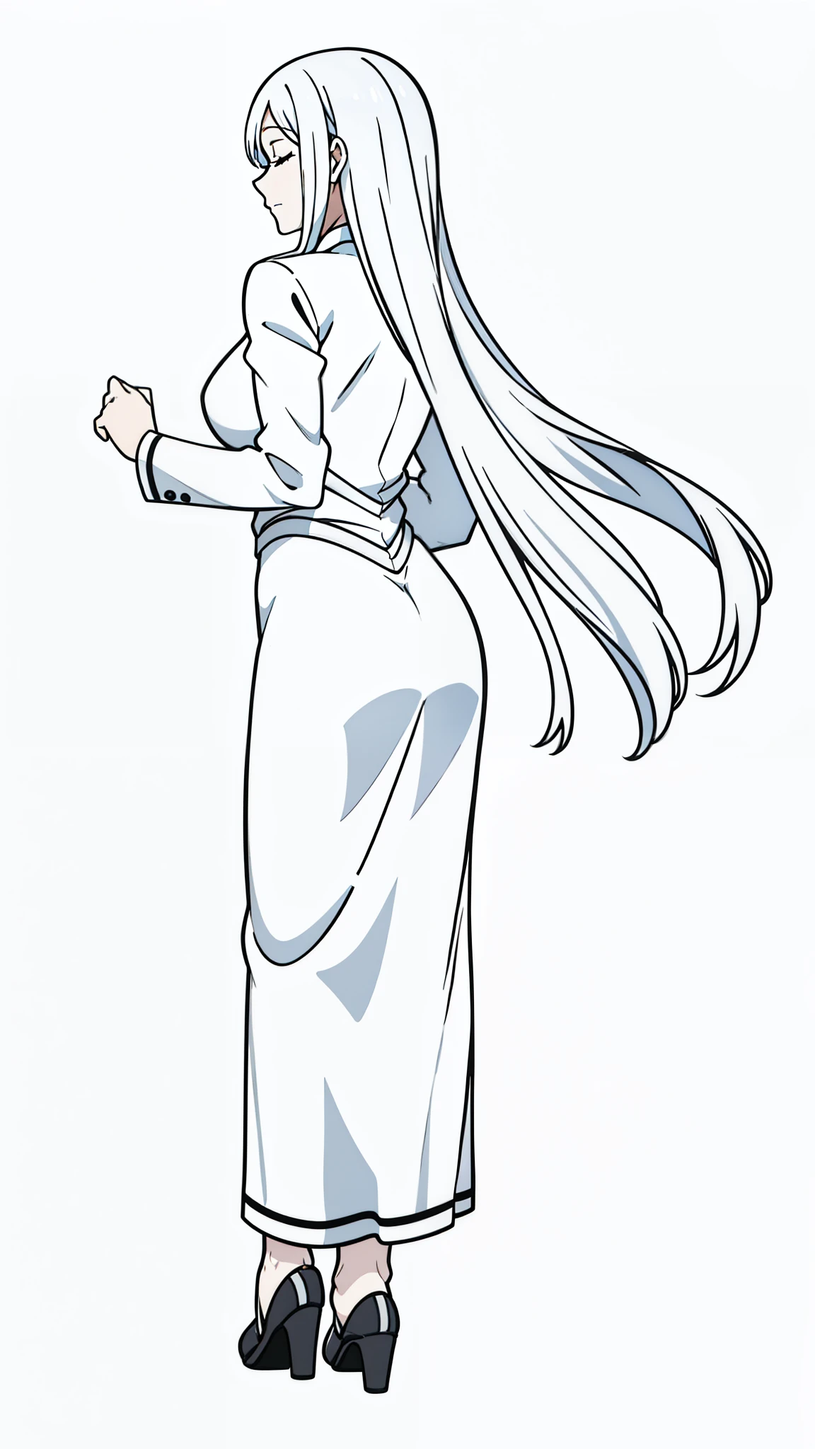 (1girl,40 years old,mature female,milf,solo),white hair,long hair,scared,closed eyes,from back,pain,white outfit,(white background,line drawing),full body