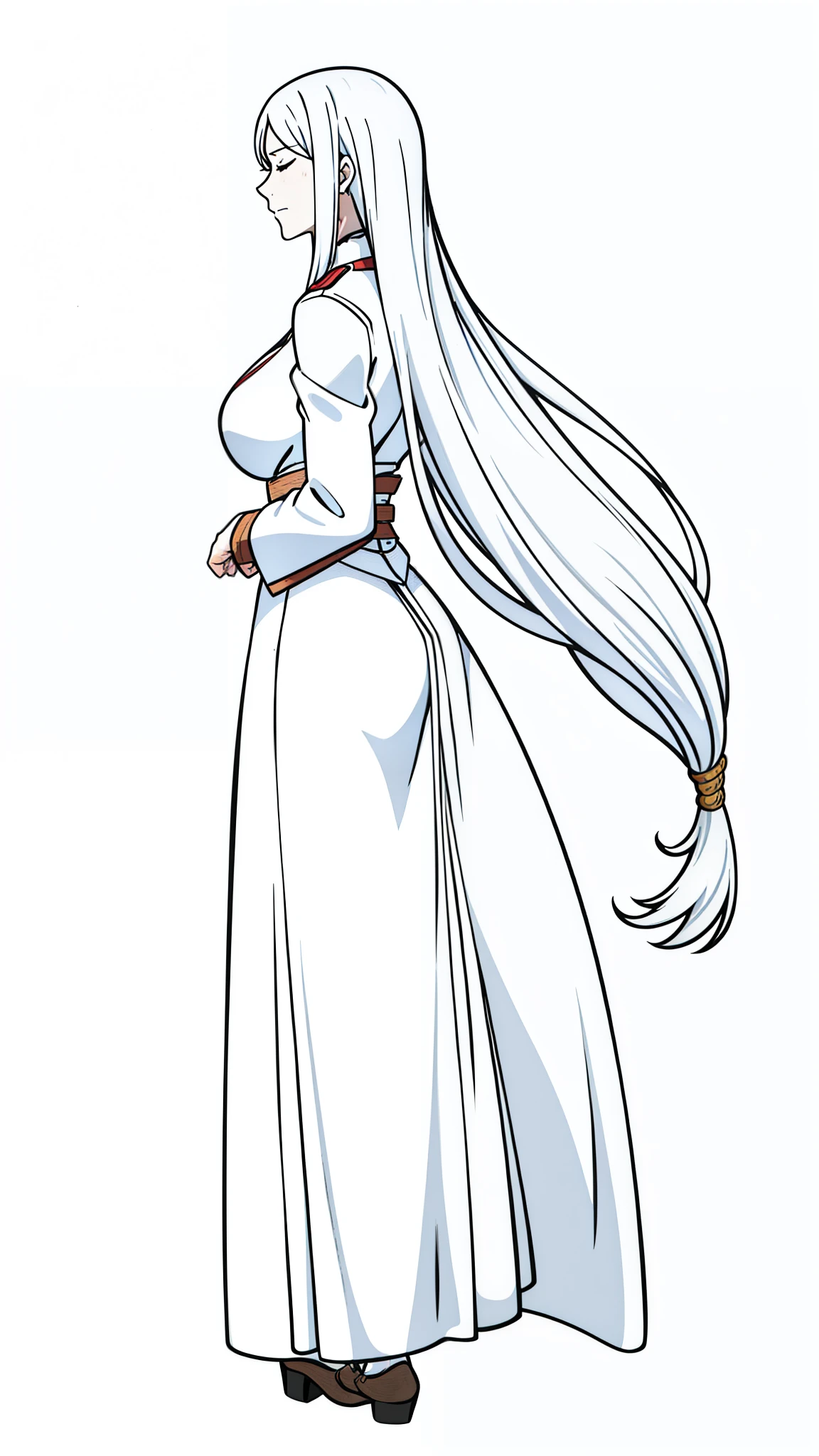 (1girl,40 years old,mature female,milf,solo),white hair,long hair,scared,closed eyes,from back,pain,white outfit,(white background,line drawing),full body