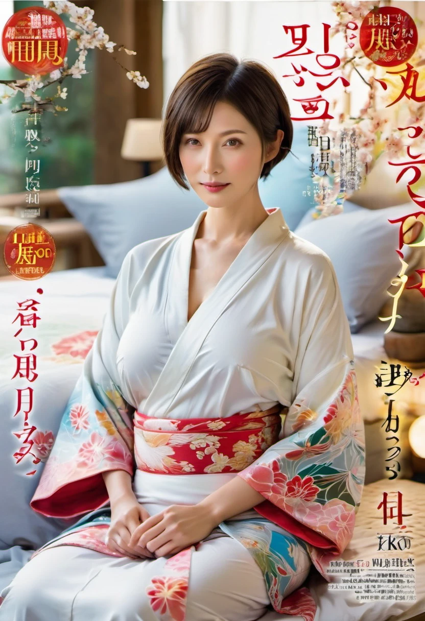 magazine cover，40-year-old woman with short hair wearing kimono has very delicate eyes，sleep in bed, glowing skin，，big breasts（（（masterpiece）））， （（best quality））， （（intricate details））， （（surreal））（8K）