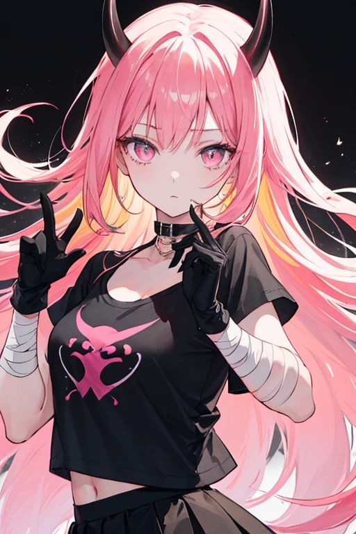 masterpiece, best quality, 1 girl, pink and yellow hair, long hair, black horns, morning city, black closed t-shirt with long black neck, black short skirt, gray short sleeves, detailed face, detailed eyes, beautiful dark pink eyes, looking at the viewer, wearing black gloves with bandages on white hands