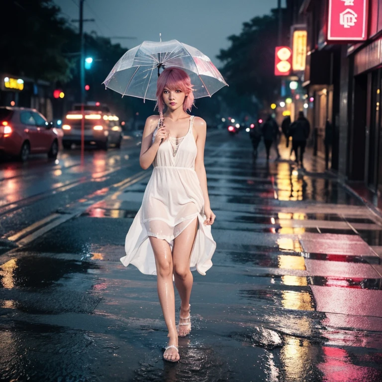 Highly detailed skin texture, cinematic lights, a full body image of a pink hair girl wearing a wet white dress, walking down the street at night in a rainy night