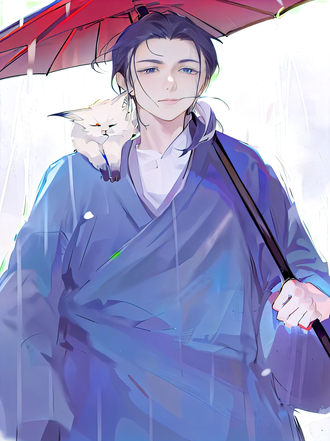 Holding an umbrella in the rain、Anime character with fox on shoulders, author:Yukika Kamisaka, Natsume's Book of Friends, Hijikata Toushiro of Gintama, through new art, From Kenshin, Inspired by Eizo, Demon Slayer Rui fan art, Inspired by Ito Ogura Yonsuke