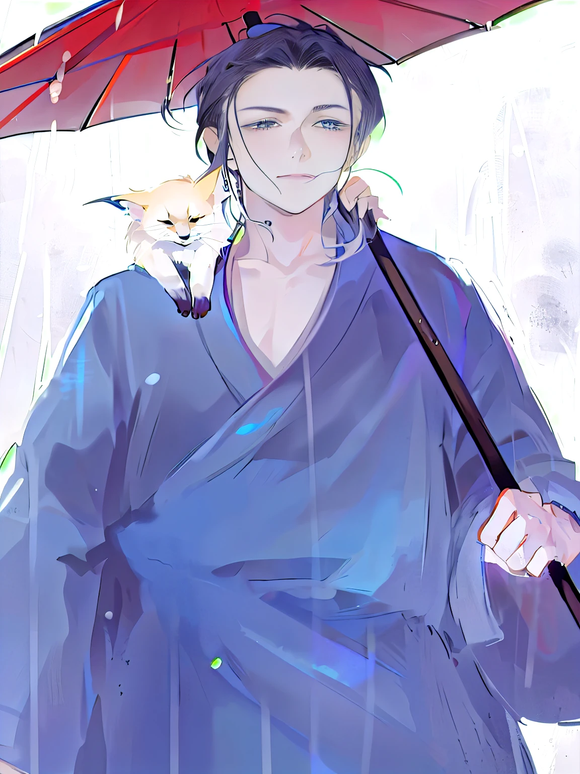 Holding an umbrella in the rain、Anime character with fox on shoulders, author:Yukika Kamisaka, Natsume's Book of Friends, Hijikata Toushiro of Gintama, through new art, From Kenshin, Inspired by Eizo, Demon Slayer Rui fan art, Inspired by Ito Ogura Yonsuke