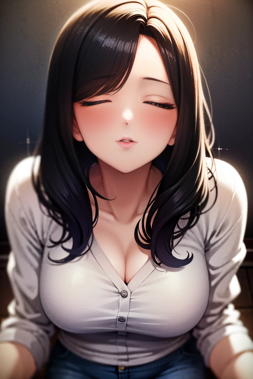 Amazing portrait of a sexy woman wearing her long straight luscious black hair, seductively gazing and smiling, soft lips, parted, blushing intensely, smiling, white t shirt, grey cardigan, baggy jeans, medium chest, perfect body