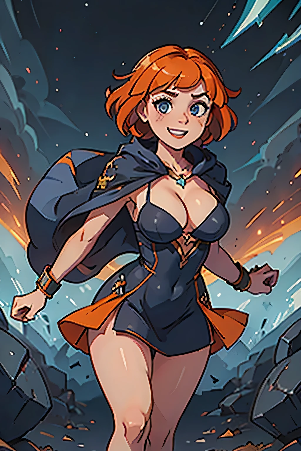 (((masterpiece))), (((best quality))), illustration, single character, game character, rpg character, female character, female necromancer. tall torso. athletic girl. skimpy. dark-blue dress with golden details and lines, open dress. light red skin. exposed legs. leather bracers. huge open cleavage, big gem necklace. tiny breasts. small titties. wide hips. up turned hips. wavy short hair. flowing orange hair, olive eyes, sexy face expression. laughing smile. open hooded black cloak. orange hair. cosmic background, flat color background, anime character, 8k, awesome quality