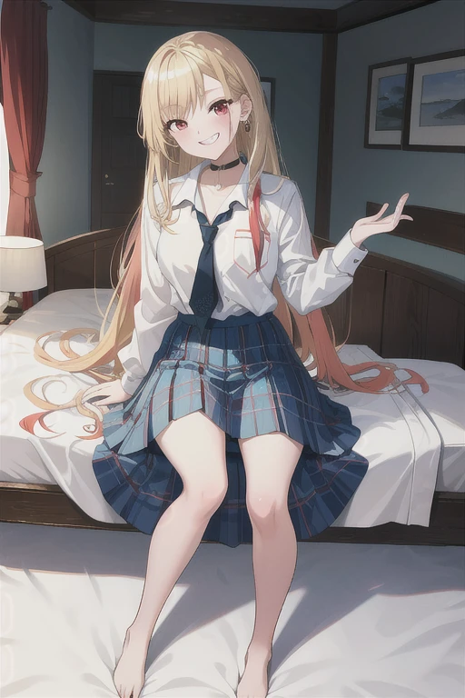 nsfw full_body,on the bed,sex,masterpiece, highest quality, High resolution, Kitagawa Marin, 1 girl, blonde hair, long hair, colorful hair, red eyes, jewelry, earrings, earrings, , white shirt, tide shirt, black choker, blue tie, plaid skirt, grin and laugh,