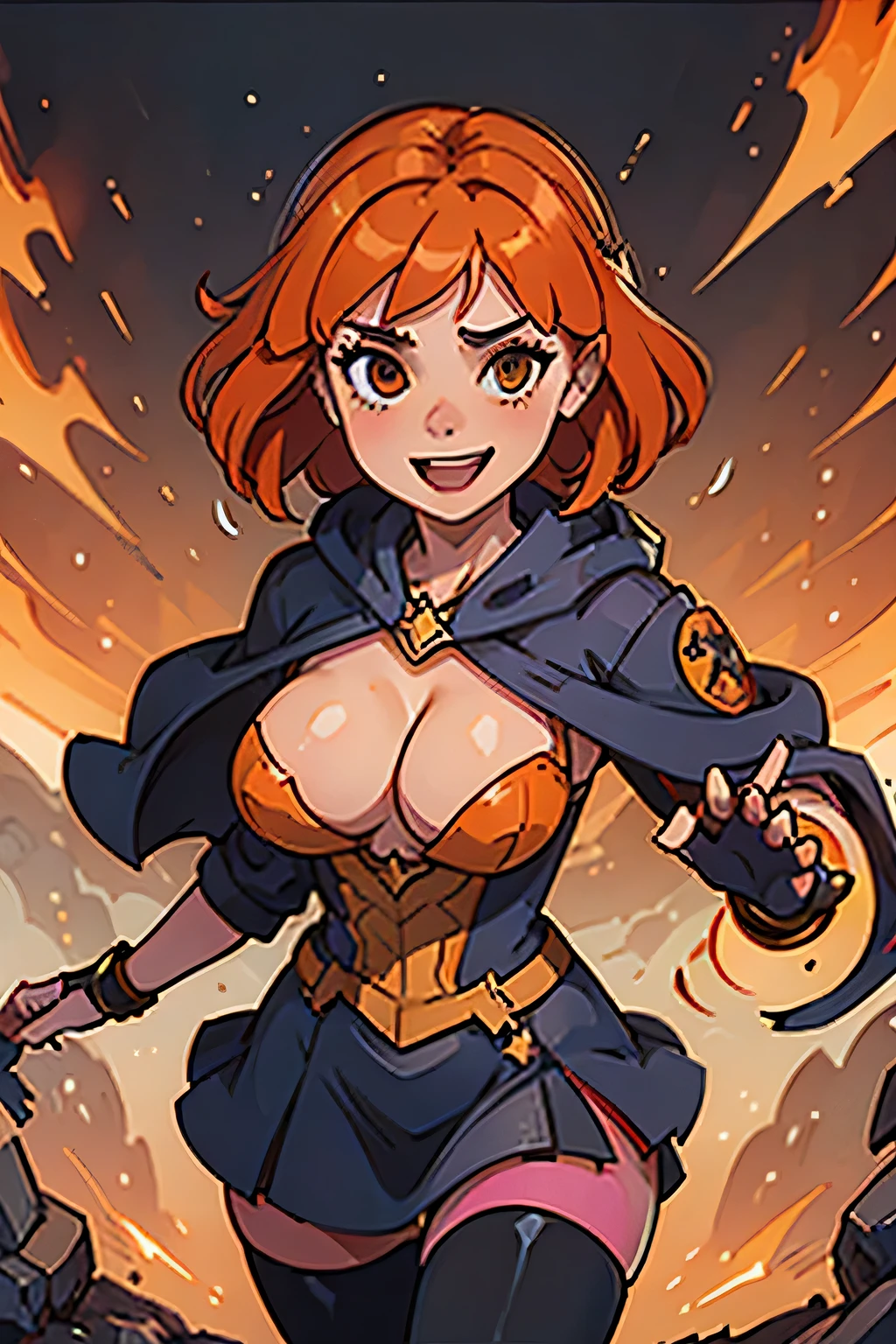 (((masterpiece))), (((best quality))), illustration, single character, game character, rpg character, female character, female necromancer. tall torso. athletic girl. skimpy. dark-blue dress with golden details and lines, open dress. light red skin. exposed legs. leather bracers. huge open cleavage, big gem necklace. tiny breasts. small titties. wide hips. up turned hips. wavy short hair. flowing orange hair, olive eyes, sexy face expression. laughing smile. open hooded black cloak. orange hair. cosmic background, flat color background, anime character, 8k, awesome quality
