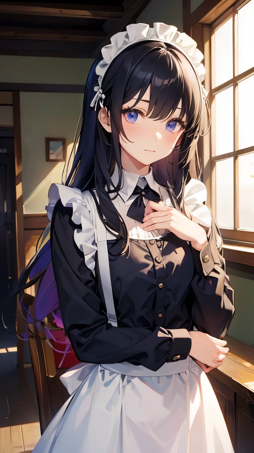 A maid girl with long purple hair. Her cheeks are red and she looks at me shyly. emphasized chest. Her thick hair flows as she waits on customers. A maid costume with frills. She serves at the royal court. high resolution. Textured skin. Japanese anime style.