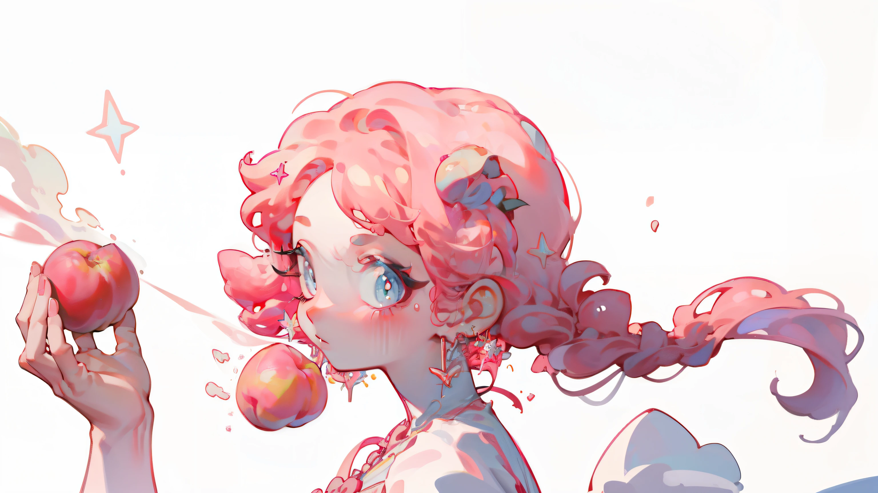 1 girl, ((peach,fruit)),White background, pink hair,