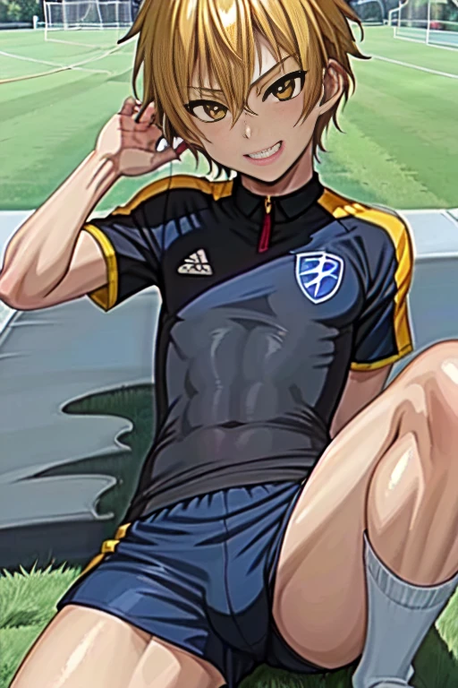 (((official art,Super thin illustration,High resolution, muste piece, best quality,best quality,)))high quality, detailed, (),12 years o)、 A young ace striker male idol with a super cute face,A boy as beautiful as Planding, Cool handsome face with a smile, soccer spike, long legs, thighs, Foots, No bulge, (blonde、short hair)、shiny hair, (Tight shiny random color soccer uniform suit), (tight and shiny soccer shorts), (soccer socks), grassy area, cool pose, (厚いthighs、Seducing a big ass into your crotch)、(((soccer field in the park)))、((Saucy、))、grinning grin、spread legs,ultra fine painting, (best quality, In 4K, 8K, High resolution, muste piece:1.2),service shot、((detailedな目:1.2))、showing off his big butt、proud butt、