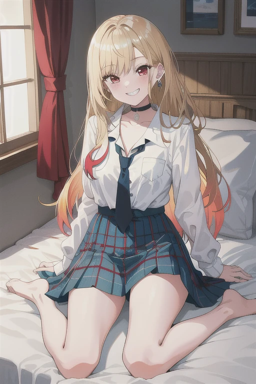 nsfw full_body,on the bed,sex,masterpiece, highest quality, High resolution, Kitagawa Marin, 1 girl, blonde hair, long hair, colorful hair, red eyes, jewelry, earrings, earrings, , white shirt, tide shirt, black choker, blue tie, plaid skirt, grin and laugh,In underwear