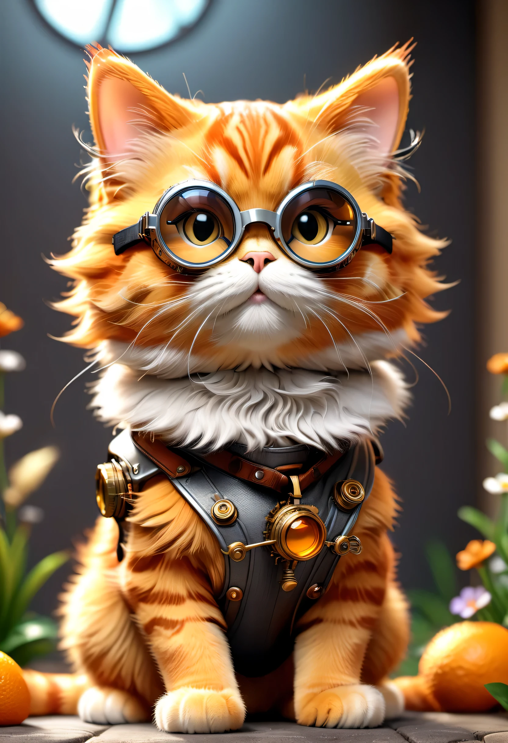 (Garfield：1.8)，orange fur，striped，bearded，pockmark，pointed ears，Small Eyes，obesity，Cute Garfield cat wearing goggles, steampunk style, CG rendering, Small animals, 4K, simple, aesthetic (3d, cute big breasts, Chibi style), ((Perfect high-detail images)), Ultra-realistic rendering of details, strike an elegant pose, professional lighting, intricate details，(smooth texture), (Exquisite and meticulous), Orange and gray body, sit on the floor, hapiness, 3d, C4D, mixer, Octagon rendering, simple backgound, (Simple background :1.1), A masterpiece of pastel colors, soft material, best quality, Super detailed, high quality, 4K, (3d, cute big breasts, Chibi style), ((Perfect high-detail images)),Detail Master 2,best quality,Super detailed,beautiful eyes,Beautiful and delicate lips,extremely fine fur,playful expression,cute pose,Colorful background,Vibrant colors,whimsical style,Humorous atmosphere,comic art style,lively composition,bright lights,Outdoor view,Lush garden setting