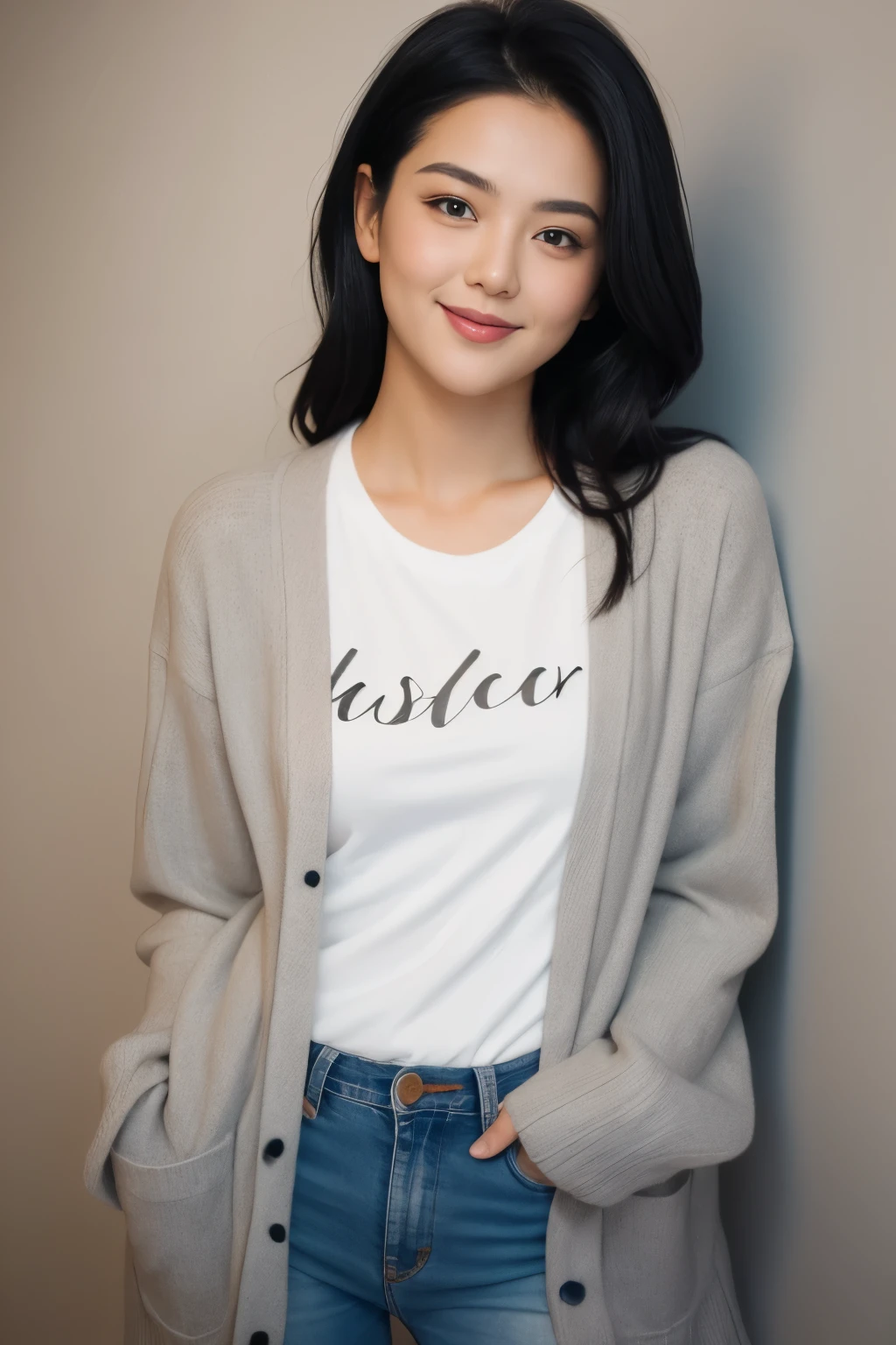 Amazing portrait of a sexy woman wearing her long straight luscious black hair, seductively gazing and smiling, soft lips, parted, blushing intensely, smiling, white t shirt, grey cardigan, baggy jeans, medium chest, perfect body