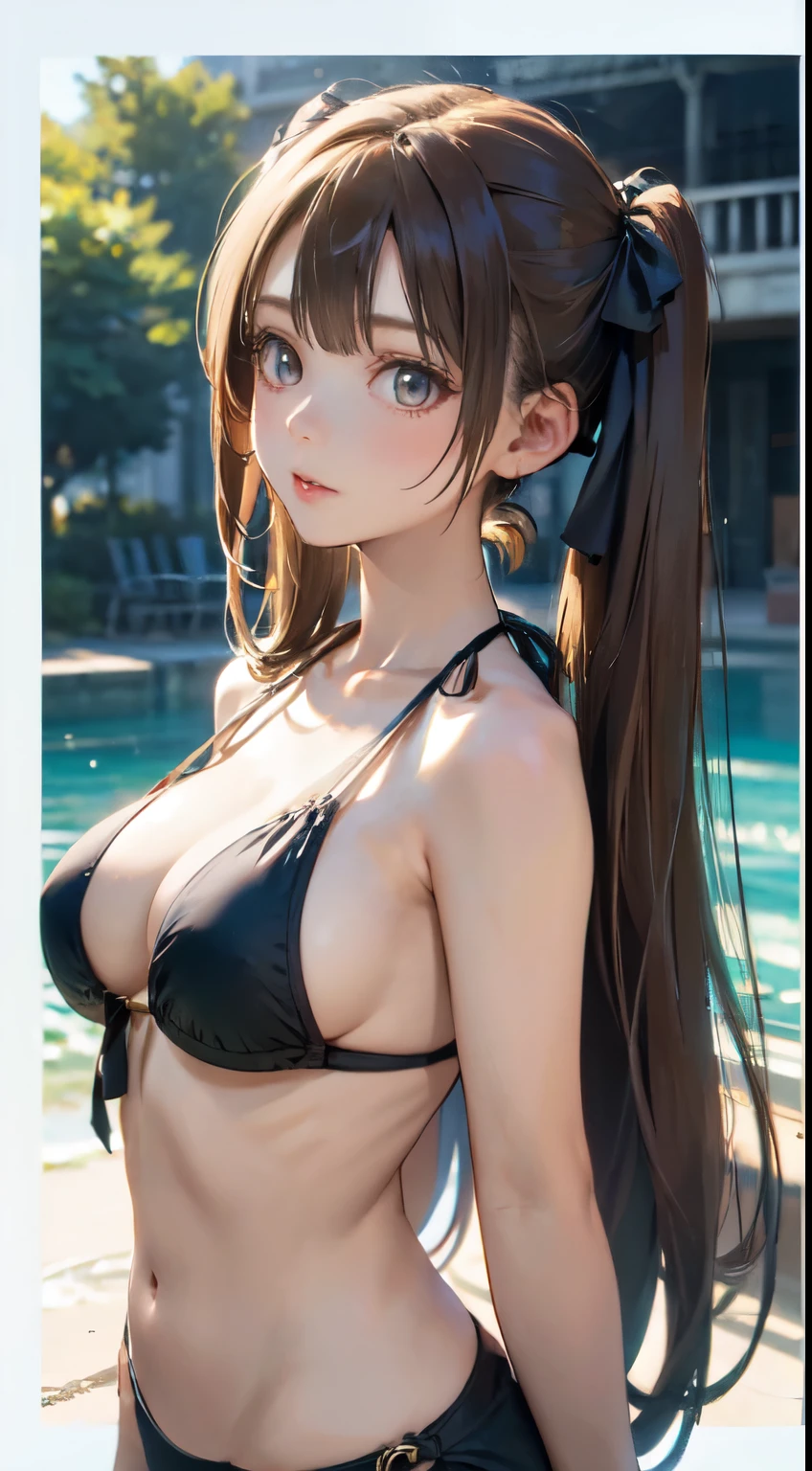 Old body portrait of a beautiful girl、Delicate、detaileds、masterpiece、Real Stick、3D background、Backgrounds with depth、Realistically exaggerate changes in material texture、Exaggeration of gloss、The best transcendental virtuosity、twin tails、orange hair color、bikini、swimsuit