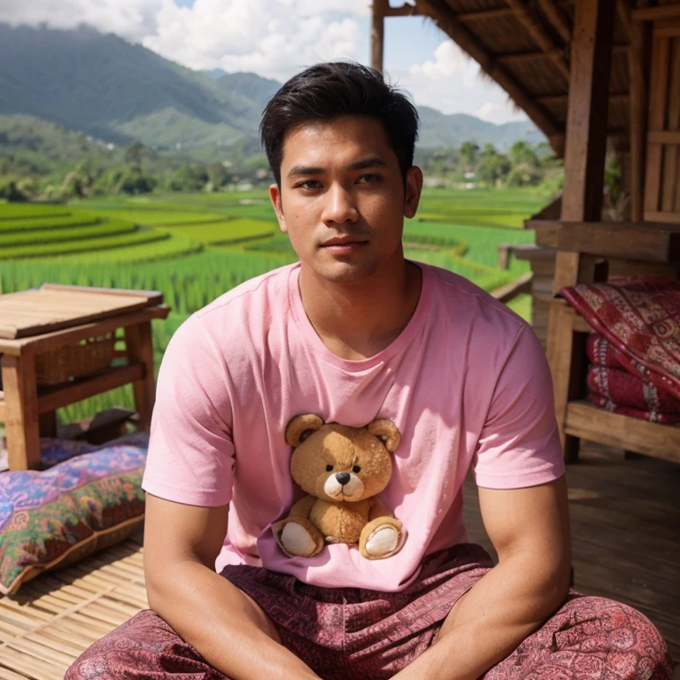 handsome Indonesian man, neat short hair, pink t-shirt with a teddy bear on it, batik cloth, flip-flops, facing forward, empty eyes, eyebrows furrowed upwards, sitting pensive in front of the hut, surrounded by views of rice fields and green mountains, very sunny in the afternoon , full color, bright colors, uHD 8K
