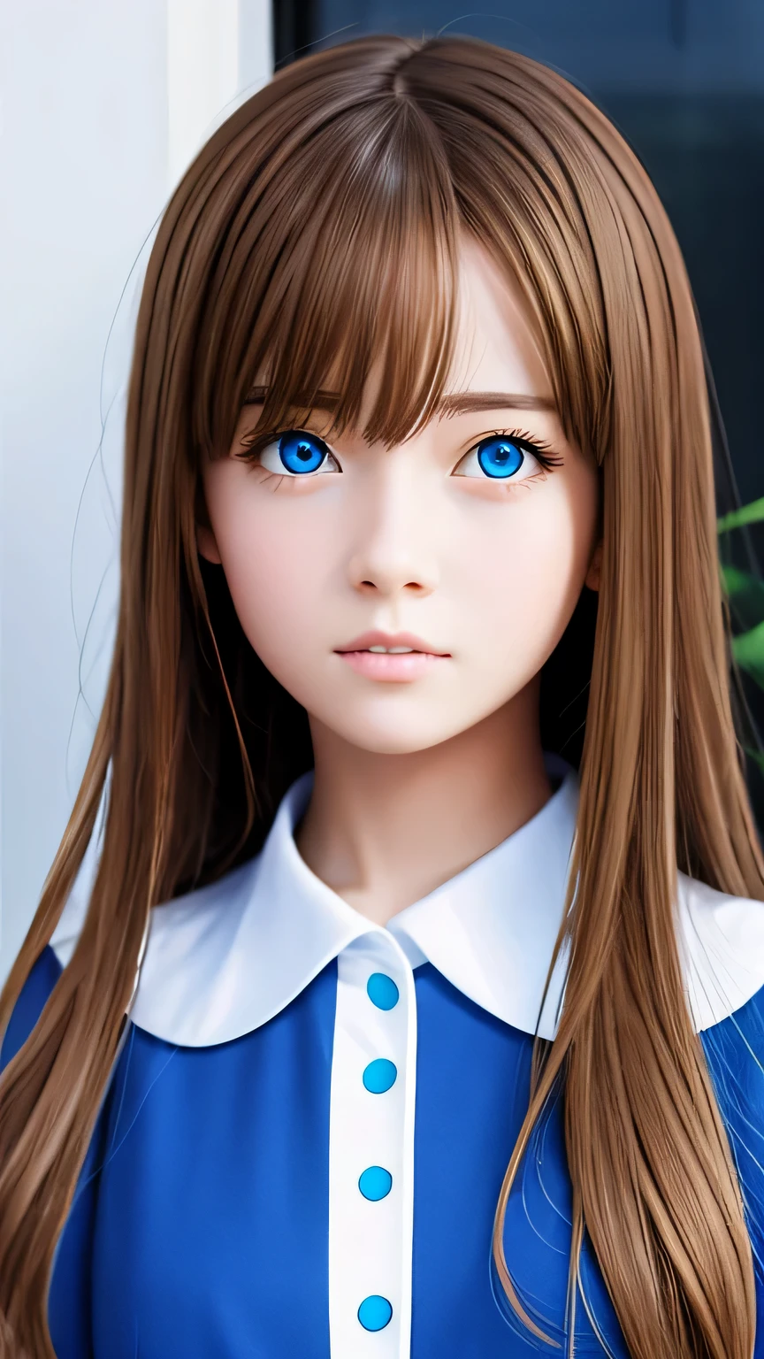 (Highest quality realistic photo reproduction:1.2), (Realization of anime drawings), masterpiece, Live-action version, 8K quality, shiny light brown hair, blue eyes, cute girl, beautiful girl, delicate and beautiful eyes, (bust sharp hocus), Full body portrait, deep blue dress, Collar color is white, 13 years old,