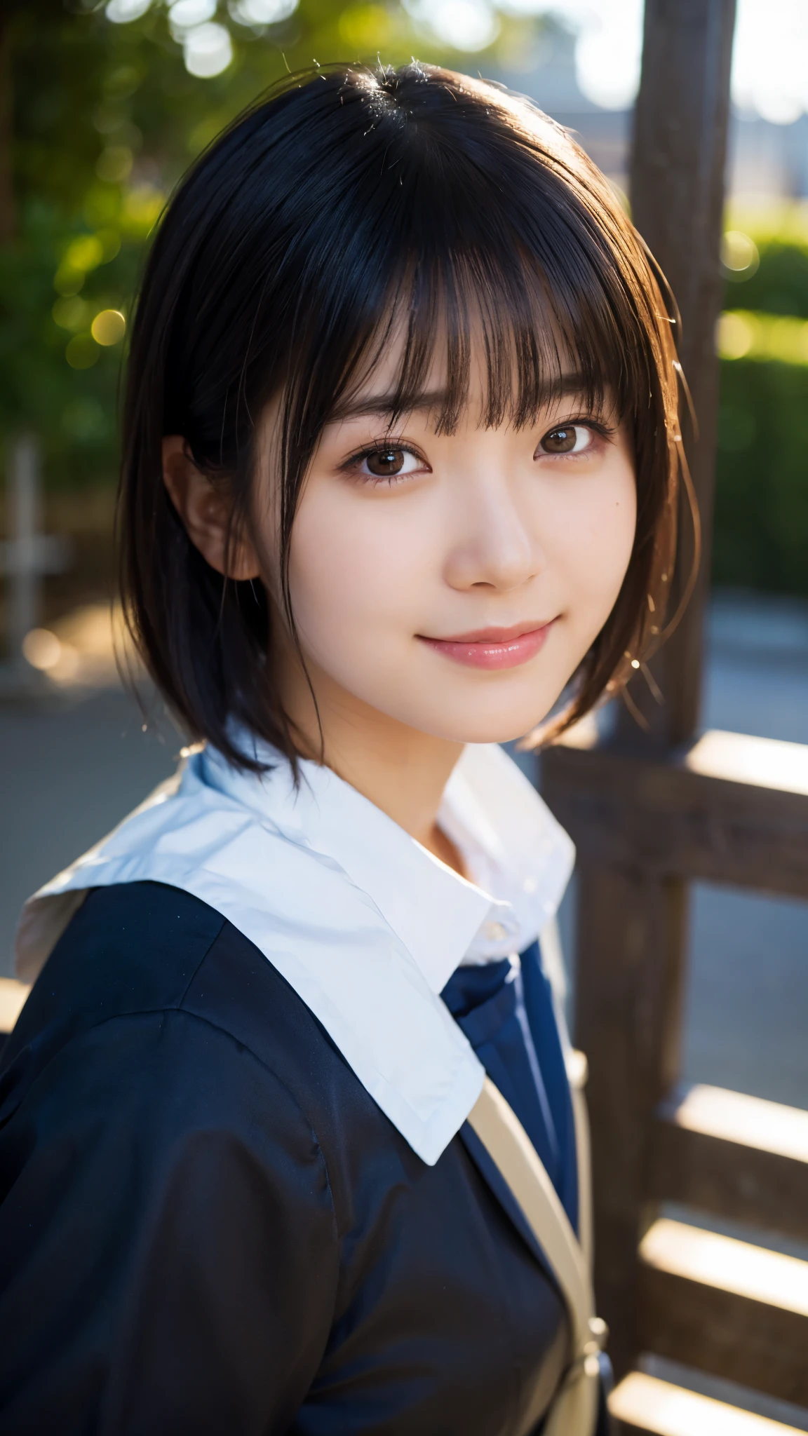 (highest quality,masterpiece:1.3,ultra high resolution),(Super detailed,caustics,8k),(photorealistic:1.4,RAW shooting),1 girl,18-year-old,cute,Japanese,black short bob,(school uniform),(Looking at me with a smile),morning,blue sky,sun,Natural light,school playground,(front shot),face focus,face close up,bust up shot,low position,Low - Angle,Backlight,Lens flare