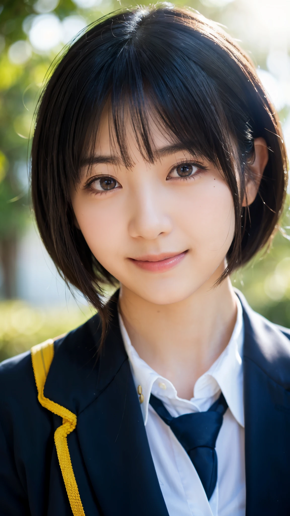 (highest quality,masterpiece:1.3,ultra high resolution),(Super detailed,caustics,8k),(photorealistic:1.4,RAW shooting),1 girl,18-year-old,cute,Japanese,black short bob,(school uniform),(Looking at me with a smile),morning,blue sky,sun,Natural light,school playground,(front shot),face focus,face close up,bust up shot,low position,Low - Angle,Backlight,Lens flare