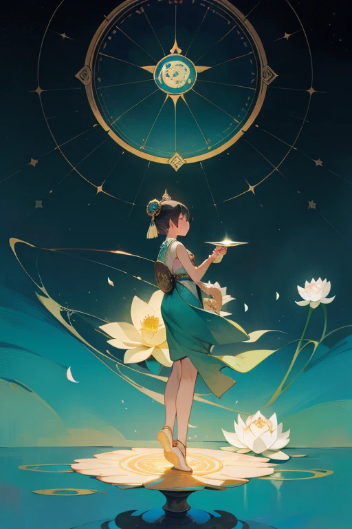 One girl, standing alone, divides her attention between a tranquil scene and the complex beauty of a lotus flower. The vibrant petals of the lotus bloom against an intense turquoise background, symbolizing purity and enlightenment in this serene Buddhist-inspired scene. As you look deeper, you'll notice a mandala-like arrangement of the constellations, elegantly arranged in a fusion of Buddhist symbolism and astrological elements. Conformity and deep contemplation are induced, leaving you with a timeless sense of connection.
The scene is a surreal blend of reality and the fantastical. A girl with one leg standing steady observes