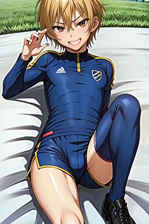(((official art,Super thin illustration,High resolution, muste piece, best quality,best quality,)))high quality, detailed, (),12 years o)、 A young ace striker male idol with a super cute face,A boy as beautiful as Planding, Cool handsome face with a smile, soccer spike, long legs, thighs, Foots, No bulge, (blonde、short hair)、shiny hair, (Tight shiny random color soccer uniform suit), (tight and shiny soccer shorts), (soccer socks), grassy area, cool pose, (厚いthighs、Seducing a big ass into your crotch)、(((soccer field in the park)))、((Saucy、))、grinning grin、spread legs,ultra fine painting, (best quality, In 4K, 8K, High resolution, muste piece:1.2),service shot、((detailedな目:1.2))、showing off his big butt、proud butt、