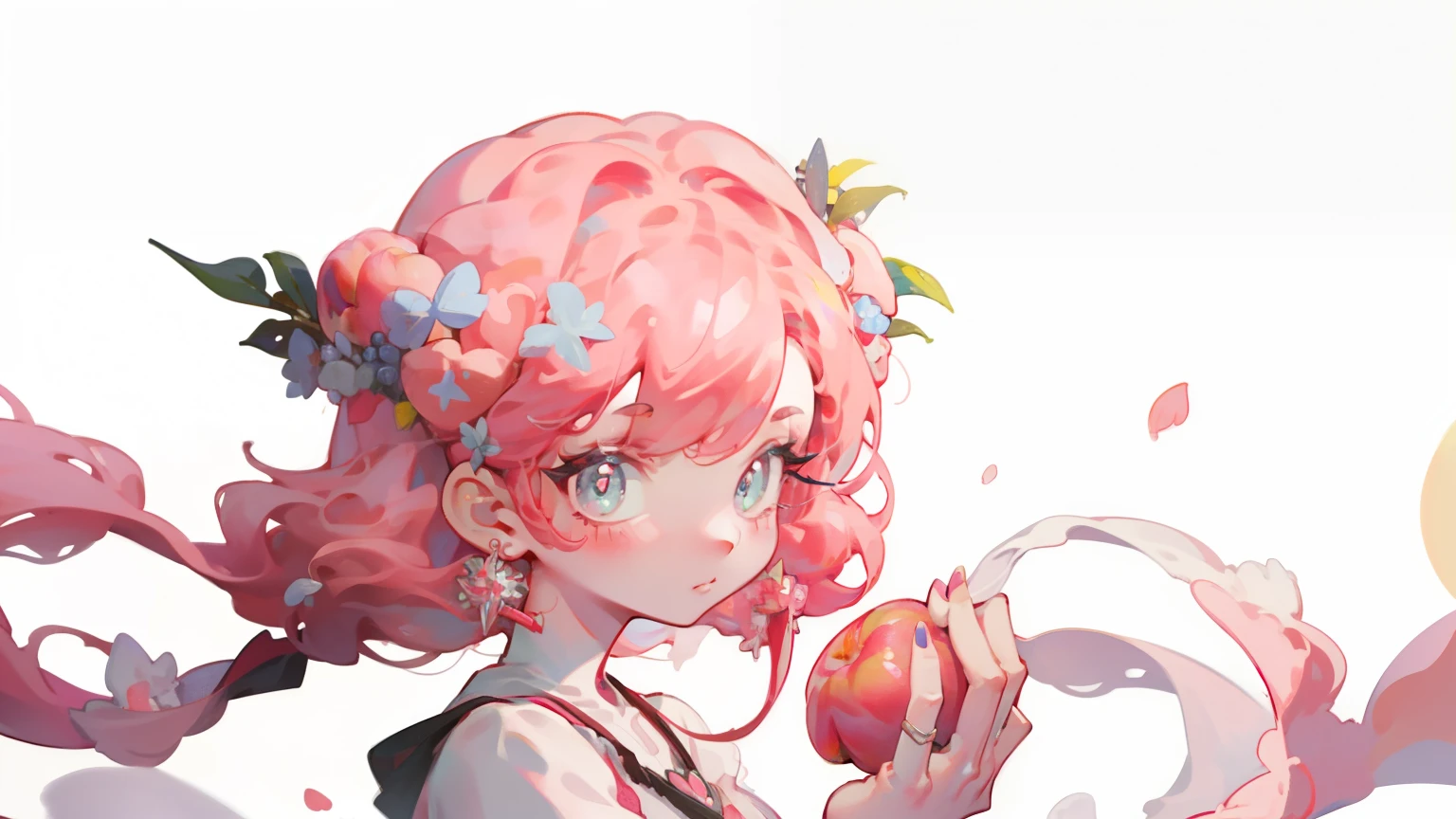 1 girl, ((peach,fruit)),White background, pink hair,