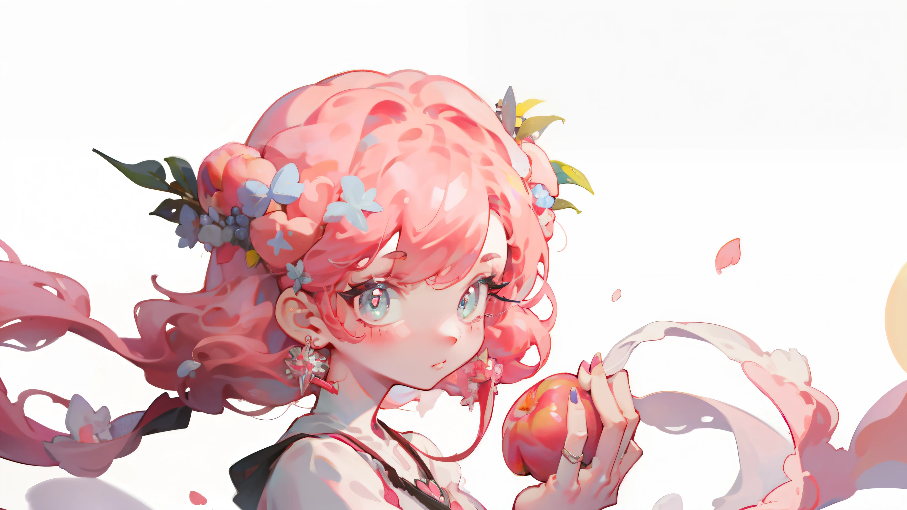 1 girl, ((peach,fruit)),White background, pink hair,
