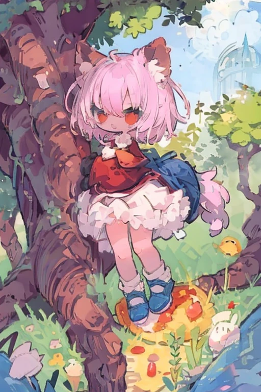 #quality(8k,best quality,masterpiece,cinematic),pastel color,#2girls(chibi,cute,kawaii, white hair,short hair,cat ear,white dress,hairbow,red eyes,big eyes,surprized,skin color white,staring at the tree),#background(the super big tree,forest,dappled sunlight)